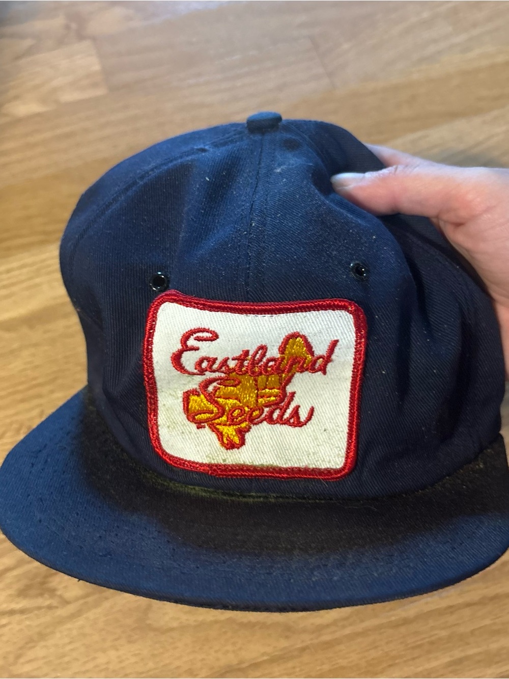 Vintage Eastland Seeds Patch SnapBack Trucker Hat Navy Blue Farming Agriculture